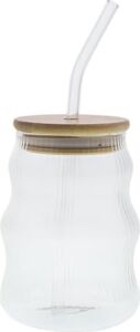 500ML Bambu Kapaklı Cam Bardak, Cam Pipetli Silikon Kapak Contalı Ince Çizgi Desenli Sıcak Soğuk Içecekler Için Kahve Meyve Suları ve Çayları Için Ergonomik Şık Tasarım