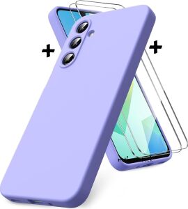 -  Galaxy A17 ile Uyumlu Kılıf Kamera Korumalı Yumuşak Renkli Mat Silikon + 9h Ekran Koruyucu Cam 2in1 Set - Lila