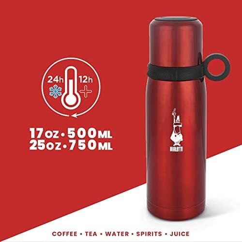 Bialetti - Termos - 460ML - Kırmızı Renk - Paslanmaz Çelik - Çift Katmanlı - 12 Saat Sıcak 24 Saat Soğuk Tutar - Bardaklı Kapak Özelliği
