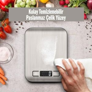 Dijital Mutfak Terazisi – Paslanmaz Çelik Yüzeyli Hassas Tartı, 5 kg Kapasiteli, Dara Özellikli, LCD Ekranlı, 5 Birim Dönüşümlü, Pilli,dijital Tartı
