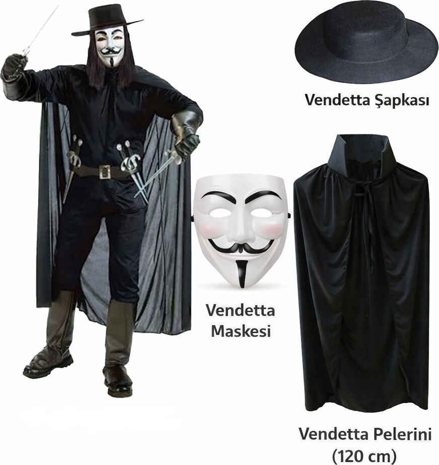Vendetta Kostüm Seti – Şapka Maske Pelerin (120 Cm)