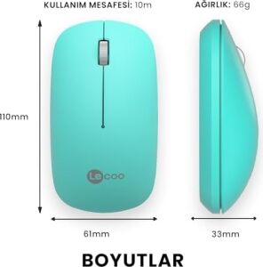WS214 Kablosuz 1200DPI 3 Tuşlu Sağ ve Sol Elle Kullanıma Uygun 10M Kullanım Mesafesi Yüksek Hızlı Kaydırma Uzun Pil Ömrü Ios Uyumlu Kompakt Optik Izleme Mouse Turkuaz