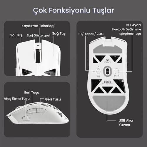 Aula SC620 PAW3311 Sensör 12000 Dpı 1000Hz Kablolu ve Kablosuz Gaming Oyuncu Mouse Beyaz