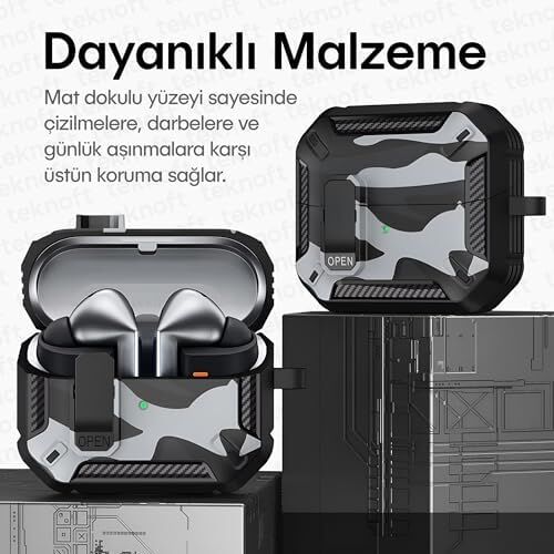 Galaxy Buds 3 Pro, Buds 3 ve Buds 3 Fe ile Uyumlu Mandallı Kapak Kilit Sistemli Mat Dokulu Darbelere Dayanıklı Kamuflaj Silikon Kılıf (Siyah)