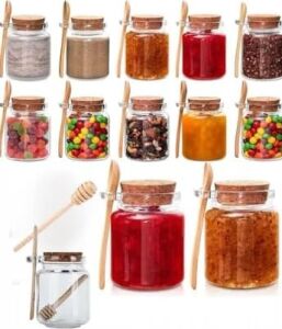 Cam Kavanoz Seti, 350 Ml, Mantar Kapaklı, Ahşap Bal Kaşığı Ile, Mutfak Saklama Kabı (2)