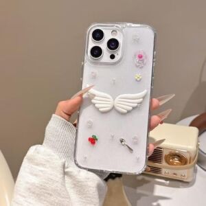 3D Melek Kanatlı Çiçekli Şeffaf Simli iPhone 15 Plus / 14 Plus Uyumlu Kılıf – Kamera Korumalı, Darbe Emici Silikon