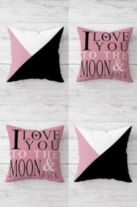 I Love You To The Moon Gizli Fermuarlı Kırlent Kılıfı Koltuk Yastık Kılıfı TAKIM(4ADET), Pembe 45 x 45
