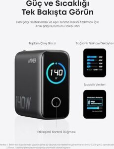 140W Usb-C Şarj Cihazı, 4 Bağlantı Noktalı, Çoklu Cihaz Hızlı Şarj Gücü, Gelişmiş Gan Güç Kaynağı, Dokunmatik Kontrol, Siyah - B2697