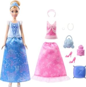Prensesi Cinderella 2'si 1 Arada Hikayeler Bebek Prensesi 2'si 1 Arada Hikayeler Cinderella Bebek, Takılıp Çıkarılabilen 2 Büstiyer, 2 Etek ve 9 Aksesuar JCR95