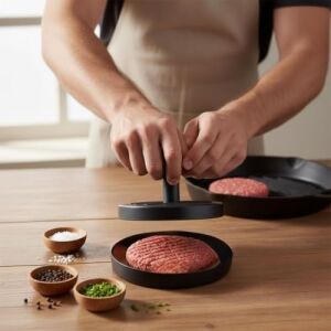 Yapışmaz Büyük Boy Hamburger Köfte Kalıbı - Paslanmaz Çelik Karbon Kaplama Premium Burger Presi | Mükemmel Şekilli Köfte Makinesi