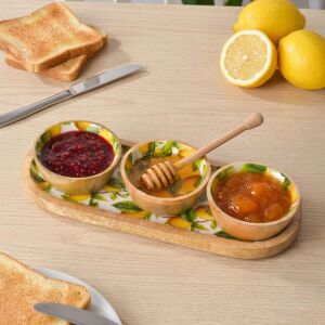 Mango Ağacı Standlı 3'lü Kase Seti - Içi Emaye Kaplama Doğal Ahşap Çerezlik ve Sosluk - 30 cm Sunum Tepsili Dekoratif Set (Limon Desen)