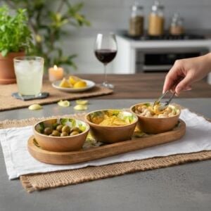 Mango Ağacı Standlı 3'lü Kase Seti - Içi Emaye Kaplama Doğal Ahşap Çerezlik ve Sosluk - 30 cm Sunum Tepsili Dekoratif Set (Limon Desen)