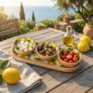 Mango Ağacı Standlı 3'lü Kase Seti - Içi Emaye Kaplama Doğal Ahşap Çerezlik ve Sosluk - 30 cm Sunum Tepsili Dekoratif Set (Limon Desen)
