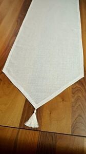 Simli Keten Runner Püsküllü, Kırık Beyaz, 45X150CM