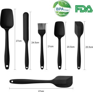 Silikon Mutfak Spatula Seti, 6 Parça, Siyah, Isıya Dayanıklı Yapışmaz Spatula, Çorba Kaşığı, Fırça, Dikişsiz Tek Parça Tasarım
