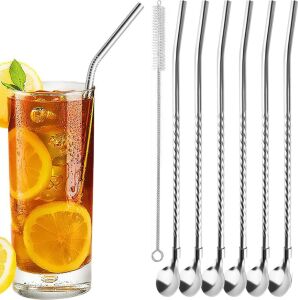 7'li Paslanmaz Çelik Kaşıklı Metal Pipet Seti 6 Adet Pipet ve Pipet Temizleme Fırçası Cam Pipet