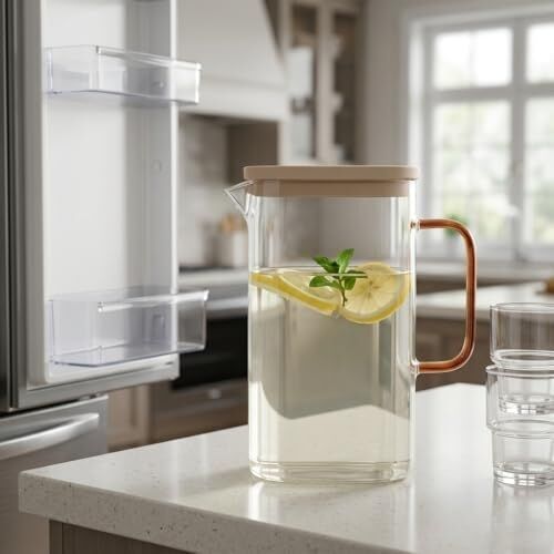 Buzdolabı Kapağına Uyumlu Renkli Kapaklı Cam Sürahi - Ince Optikli Su ve Meşrubat Sürahisi (1.5 Litre - Asorti Renk Gönderimi)