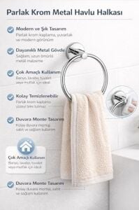 Yuvarlak Havlu Halkası Krom Kaplama, Duvara Monte Yuvarlak Banyo Havluluk, Dayanıklı Metal El Havlusu Askısı, Modern Parlak Krom Tasarım, Paslanmaya Dayanıklı Banyo Aksesuarı