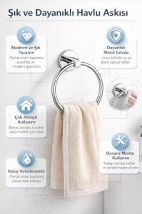 Yuvarlak Havlu Halkası Krom Kaplama, Duvara Monte Yuvarlak Banyo Havluluk, Dayanıklı Metal El Havlusu Askısı, Modern Parlak Krom Tasarım, Paslanmaya Dayanıklı Banyo Aksesuarı