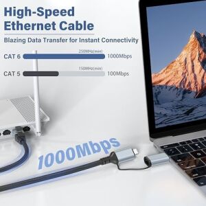 Dacrown USB C - Ethernet Kablosu 10 Ft, Tip C - RJ45 Lan Kablosu, Gigabit Ağ Internet Adaptörü, Doğrudan Bağlı, Thunderbolt 4/3 MacBook Air/pro, Xps, iPhone 15 Serisi, Galaxy S24 ile Uyumlu