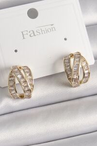 Pirinç Gold Renk Zirkon Taşlı Düğüm Halka Model Kadın Küpe