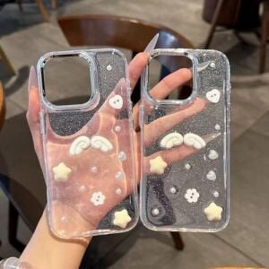 3D Melek Kanatlı Yıldızlı Şeffaf Simli iPhone 15 Uyumlu Kılıf – Kamera Korumalı, Darbe Emici Silikon
