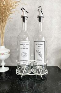 Beyaz Standlı Akıtıcılı Şeffaf 750 ml Beyaz Etiketli Yağlık Yağdanlık