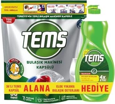 Tems Bulaşık Makinesi Kapsülü 36'lı+Elde Yıkama Bulaşık Deterjanı 500 ml Hediyeli