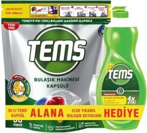 Tems Bulaşık Makinesi Kapsülü 36'lı+Elde Yıkama Bulaşık Deterjanı 500 ml Hediyeli