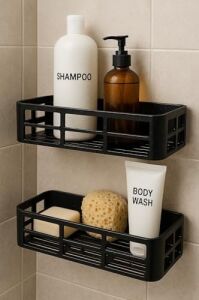 Yapışkanlı Duş Rafı – 2 Adet Paslanmaz Banyo Şampuanlık Organizer | Delmeden Montaj | Geniş Kapasiteli Duş Organizeri | Siyah Plastik Raf – Banyo Mutfak Uyumlu