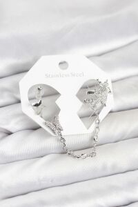 Pirinç Gümüş Renk Kelebek Model Zincir Bağlantılı Ear Cuff Küpe Seti