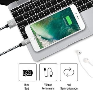 Hızlı USB Lightning Kablo – 3’lü Şarj Kablosu Seti - Xs/x/8 Plus/7/7 Plus/6/6 Plus/6s/6s Plus/5/5s/5c/se&ipad ile Uyumlu – Siyah Beyaz