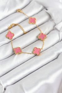316L Çelik Gold Zincir Pembe Yonca Renk Bileklik