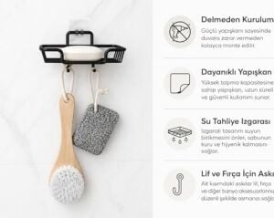 Yapışkanlı Siyah Sabunluk ve Lif Askılık, Delmeden Montajlı Banyo Sabun Rafı, Çift Askılı Mat Siyah Banyo Düzenleyici
