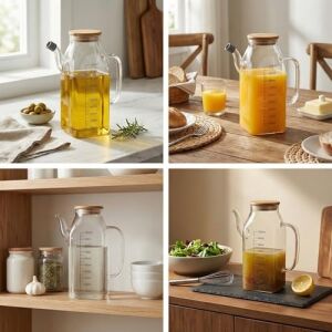 1000ML Bambu Kapaklı Cam Yağlık ve Sirkelik – Dayanıklı ve Şeffaf Sıvı & Mutfak Için Hassas Sıvı Ölçüm ve Saklama Çözümü 1000ML - Cam Sürahi Sıvı Ölçü Kabı