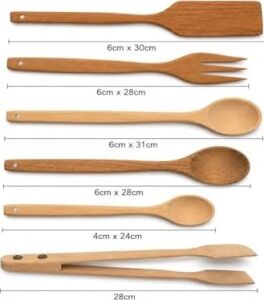 Doğal Şimşir Ağacından Ahşap Mutfak Seti, Spatula, Çatal, Kaşık ve Maşa, 6 Parça, Doğal Renk