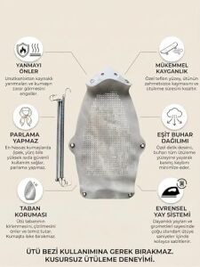 Yanmaz Yapışmaz Teflon Ütü Altlığı, Parlama Önleyici, Hassas Kumaş Koruyucu Ütü Çarığı, Yaylı Montaj, Buhar Delikli Ütü Tabanlığı
