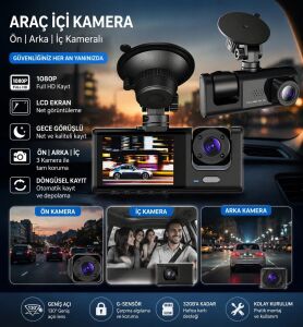 Wifi Destekli 1080P 3 Kameralı Araç Içi Kamera LCD Ekranlı Gece Görüşlü G Sensörlü