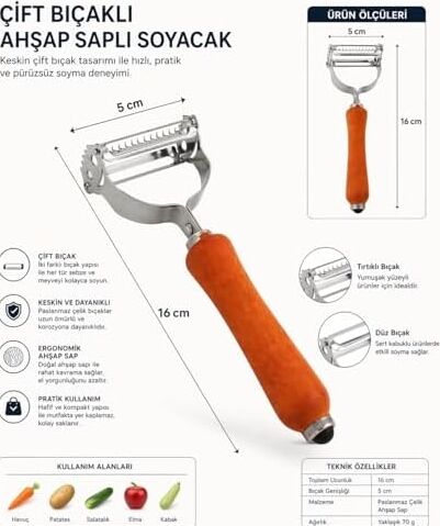 Çift Bıçaklı Ahşap Saplı Sebze ve Meyve Soyacak – Paslanmaz Çelik Ultra Keskin Tırtıklı & Düz Bıçaklı, Ergonomik Kaymaz Sap, Patates Havuç Kabak Elma Için Profesyonel Mutfak Soyucu