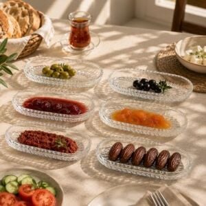 6 Adet Cam Oval Balık Sırtı Çerez Meyve Meze Sunum Tabağı Kahvaltı Sunum Kayık Tabak