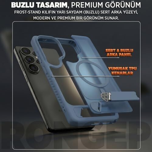 Galaxy S26 Ultra Için Kılıf Yatay Stantlı Manyetik  S26 Ultra Koruyucu Darbeye Dayanıklı Arkası Sert ve Yarı Saydam  S26 Ultra Kılıf (Mavi)
