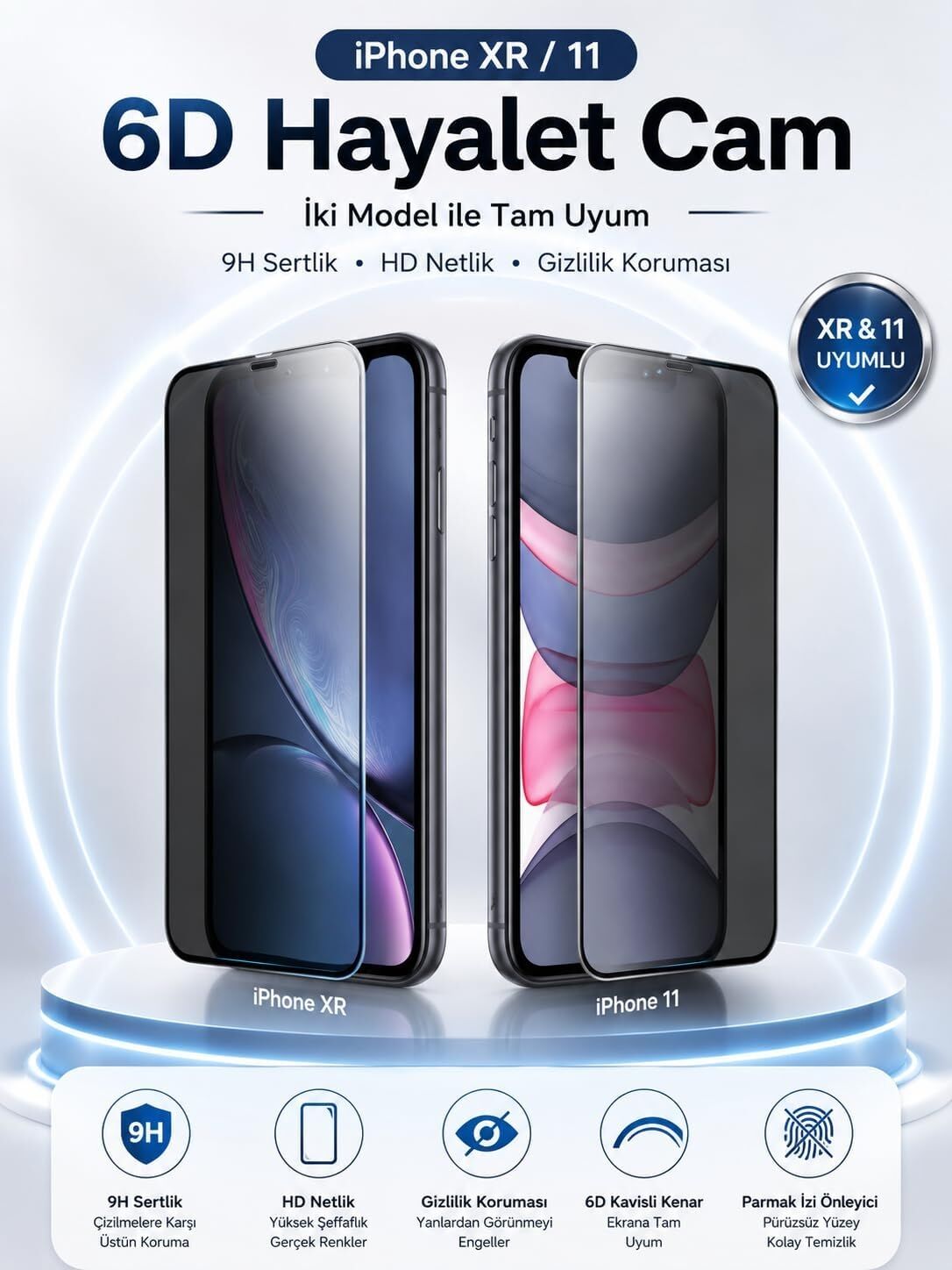 Kırılmaz Cam For iPhone Xr / 11, 6d Hayalet Ekran Koruyucu, Temperli Cam, 9h Sertlik, Şeffaf, Parlak Yüzey