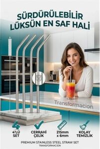Paslanmaz Çelik Metal Pipet Seti 4'lü - Yıkanabilir Fırçalı Çevre Dostu Pipet 723136