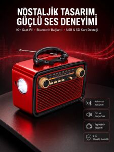 Nostaljik Görünümlü Ahşap Radyo Tf Sd USB Girişli LED Fener Işıklı