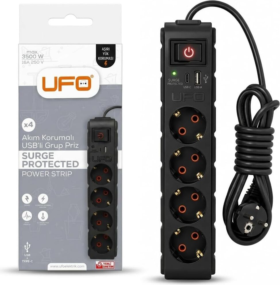 Yeni 4lü Akım Korumalı Grup Priz 1,5 Metre Bakır Kablolu, 5V 2,4A USB ve Type-C ile Şarj, Anahtarlı Topraklı Priz, Sürekli Koruma, 16A 250V, Max 3500W Aşırı Yük Koruması, 1,5m. Siyah Renk