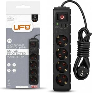 Yeni 4lü Akım Korumalı Grup Priz 1,5 Metre Bakır Kablolu, 5V 2,4A USB ve Type-C ile Şarj, Anahtarlı Topraklı Priz, Sürekli Koruma, 16A 250V, Max 3500W Aşırı Yük Koruması, 1,5m. Siyah Renk