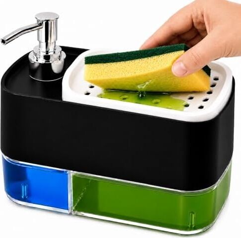 Sünger Hazneli Basmalı Ikisi Bir Arada Otomatik Tezgah Üstü El ve Bulaşık Yıkama Düzenleyici Organizer Banyo Mutfak Için Duo Sıvı Sabunluk (Siyah)