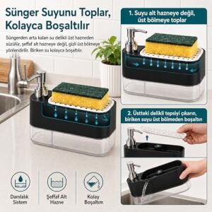 Sünger Hazneli Basmalı Ikisi Bir Arada Otomatik Tezgah Üstü El ve Bulaşık Yıkama Düzenleyici Organizer Banyo Mutfak Için Duo Sıvı Sabunluk (Siyah)