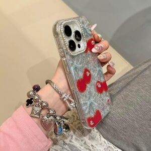 3D Kiraz Desenli Simli Şeffaf Simli iPhone 14 Pro Uyumlu Kılıf – Kamera Korumalı, Darbe Emici Silikon