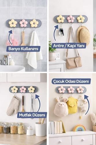 Çiçek Tasarımlı Duvar Askısı, 3’lü Metal Kanca Seti, Dekoratif Renkli Kapı ve Duvar Askısı, Mutfak, Banyo, Yatak Odası Için Organizer Askı,